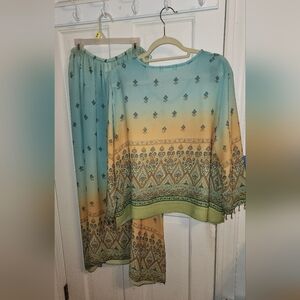 Nino Wong Bohemian Two-Piece Set Top/Skirt in Greenish-Blue & Orange Large